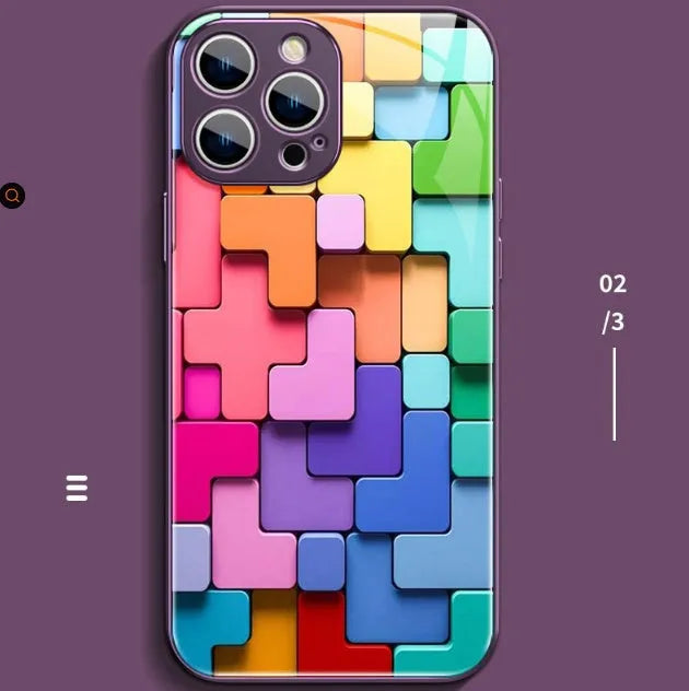 Colourful cartoon geometric design silicone back cover case for iPhone 14 Pro Max on a table.