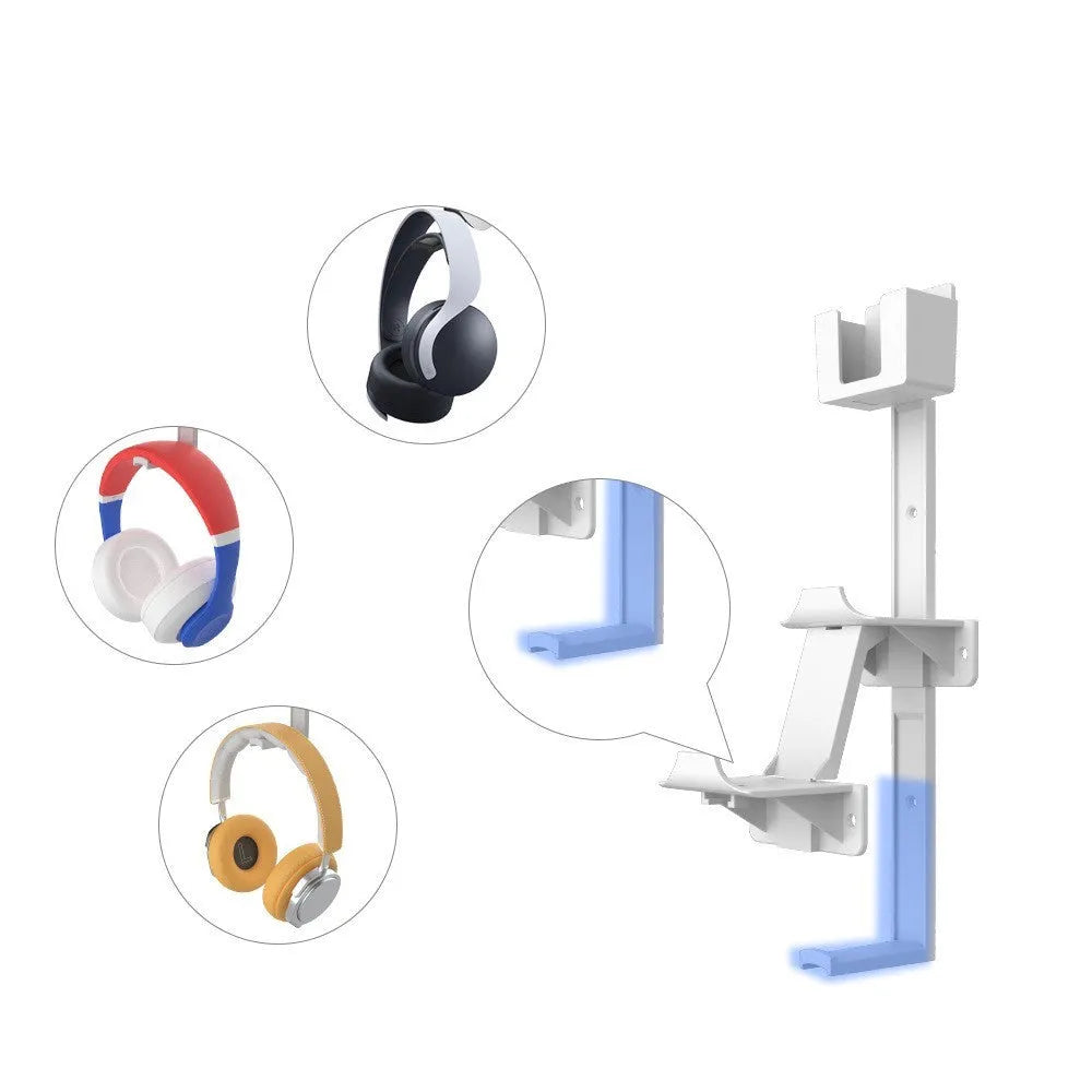 White self-adhesive wall hook holding a black gaming controller and headset.