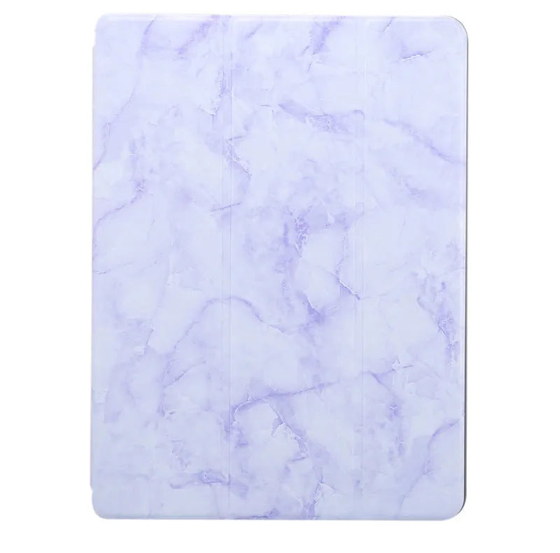 Tri-fold marbling design iPad case with pen slot in dark grey colour showing protective features