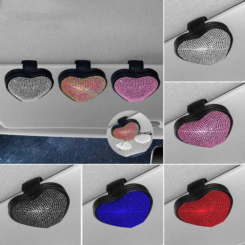 Black diamond-encrusted PU leather magnetic storage clip for car sun visor, holding sunglasses.