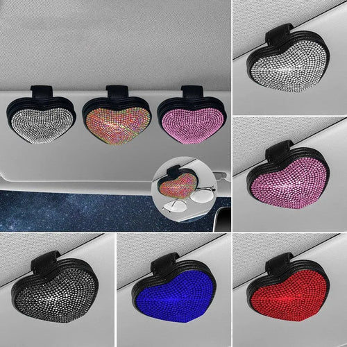 Black diamond-encrusted PU leather magnetic storage clip for car sun visor, holding sunglasses.