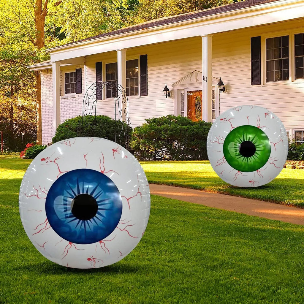 Halloween eyeball inflatable balloon with bloodshot design in red, showing automatic seal and spherical shape.