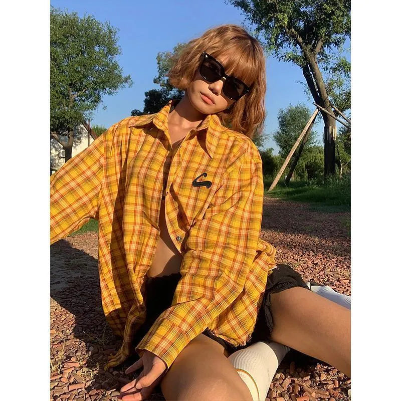 Dopamine yellow plaid shirt with loose fit and cardigan style in polyester blend fabric