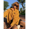 Dopamine yellow plaid shirt with loose fit and cardigan style in polyester blend fabric