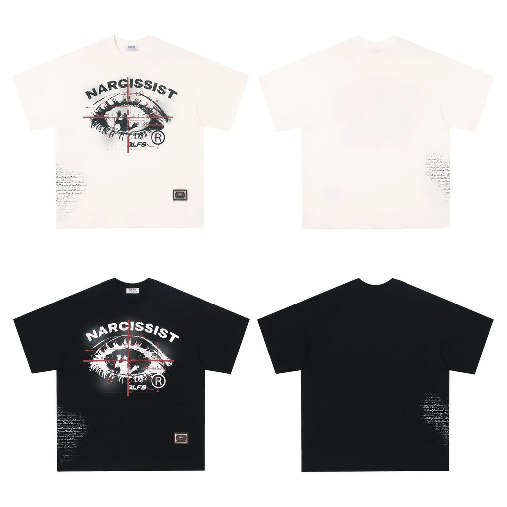Black and white pure cotton t-shirt with retro hip hop gothic letter print for teenagers.