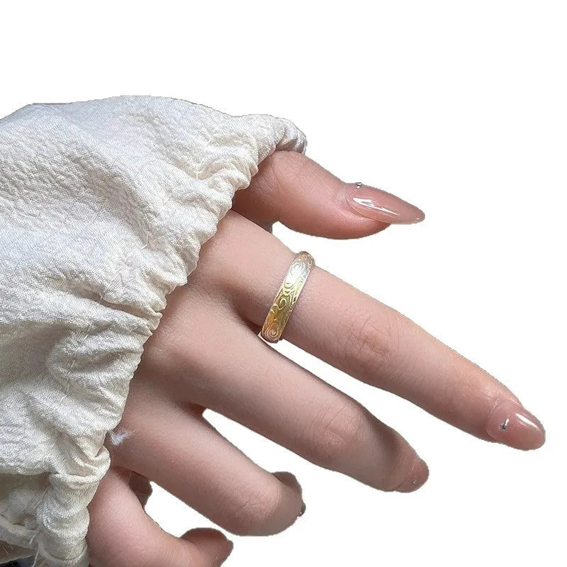 Adjustable open mouth white copper ring with J14 Xiangyun pattern and silver gold electroplated finish.