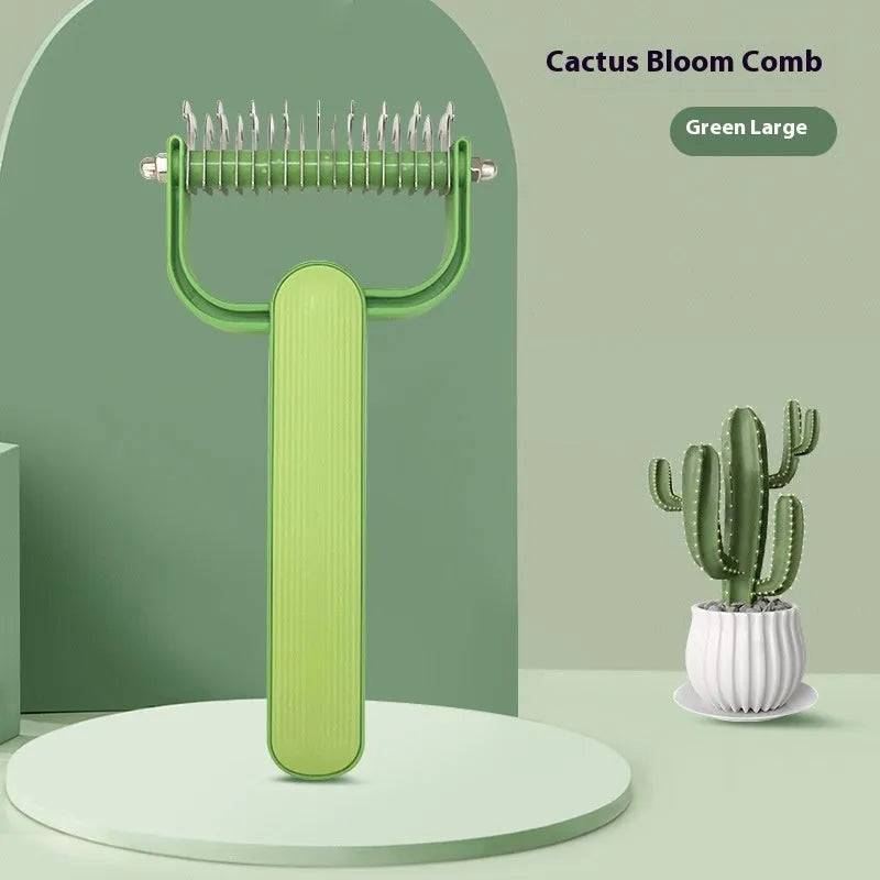 Green and grey pet hair unknotting comb with stainless steel teeth on PP handle