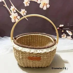 Hand-woven straw basket made from hemp rope, measuring 19cm tall and 12cm wide.
