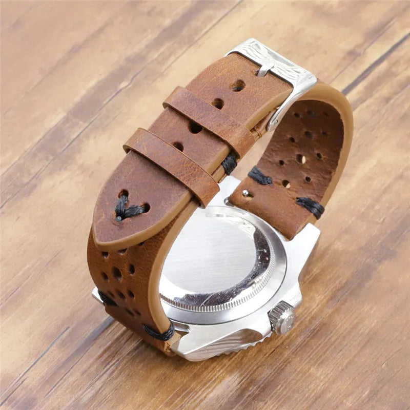 Handmade retro genuine leather watch band in brown with contrast stitching