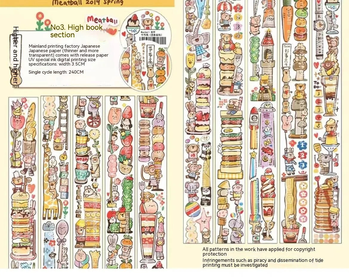 Sheet of cute cartoon character stickers on Japanese paper for haemorrhoid tape packaging and planners.