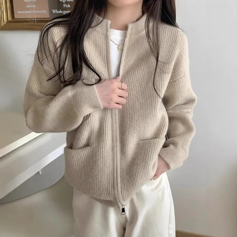 Beige soft glutinous viscose fibre sweater coat cardigan open front long sleeves