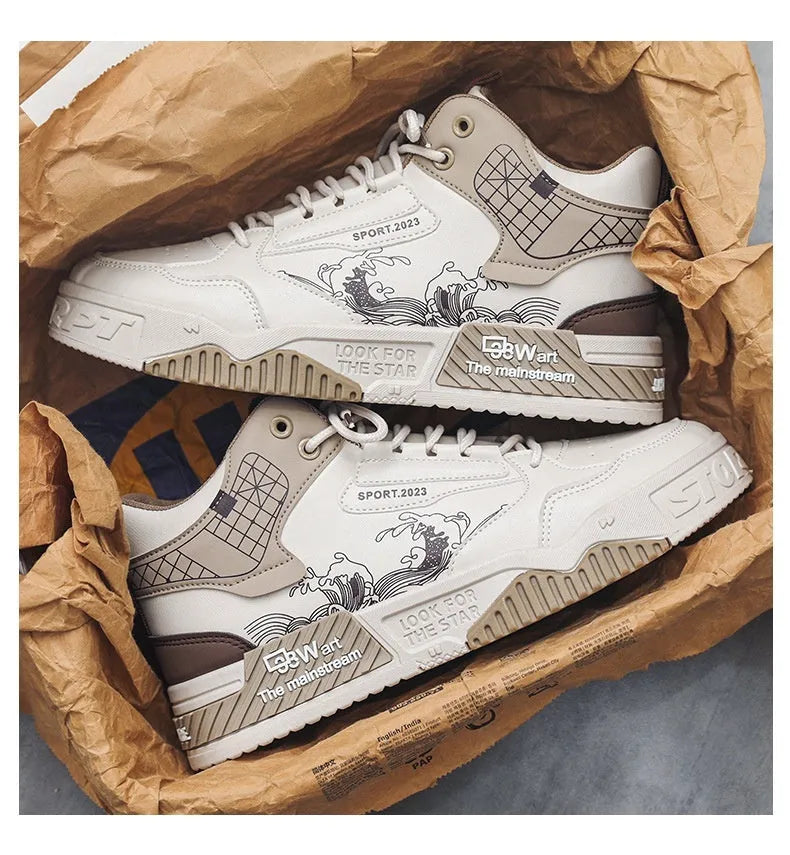 Men's high-top board shoes in beige with white and blue accents, lace-up design with rubber sole