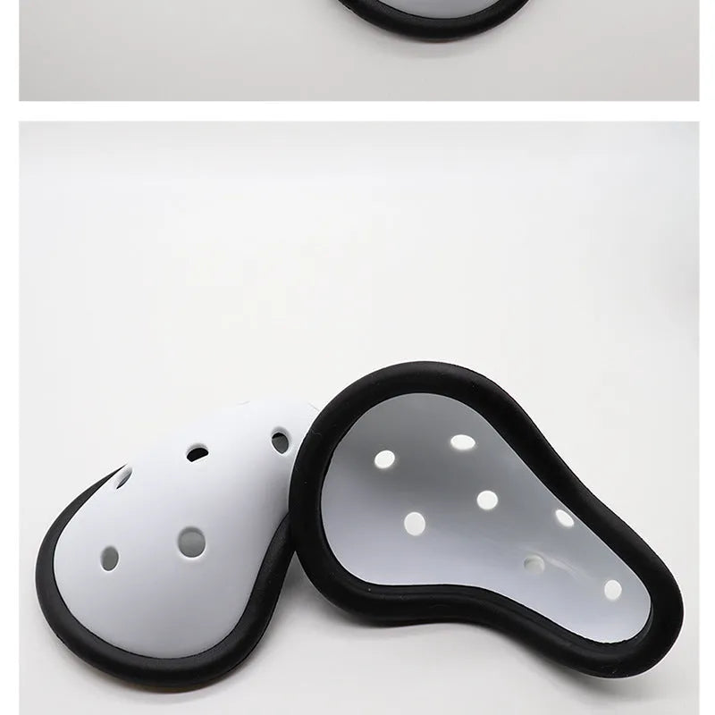 Rubber genital protector for adult and child sports safety in hockey, rugby, and martial arts.