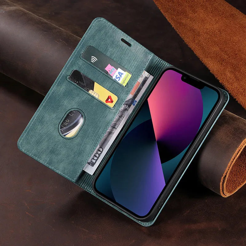 Magnetic flip phone case for iPhone in various colours showing leather and TPU construction