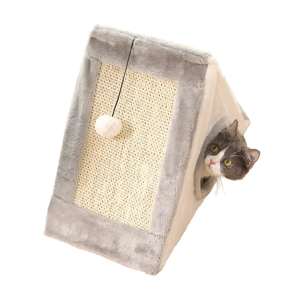 Grey and white triangle-shaped cat bed with sisal scratching side and plush sleeping area