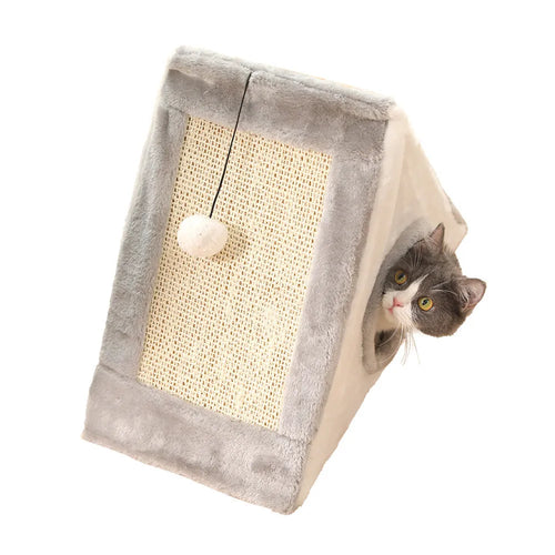 Grey and white triangle-shaped cat bed with sisal scratching side and plush sleeping area