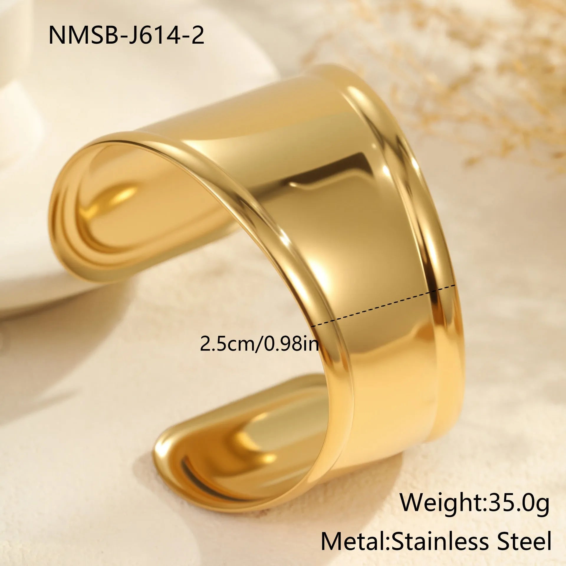 Women's exaggerated wide stainless steel bracelet with geometric wave design and niche opening in gold finish