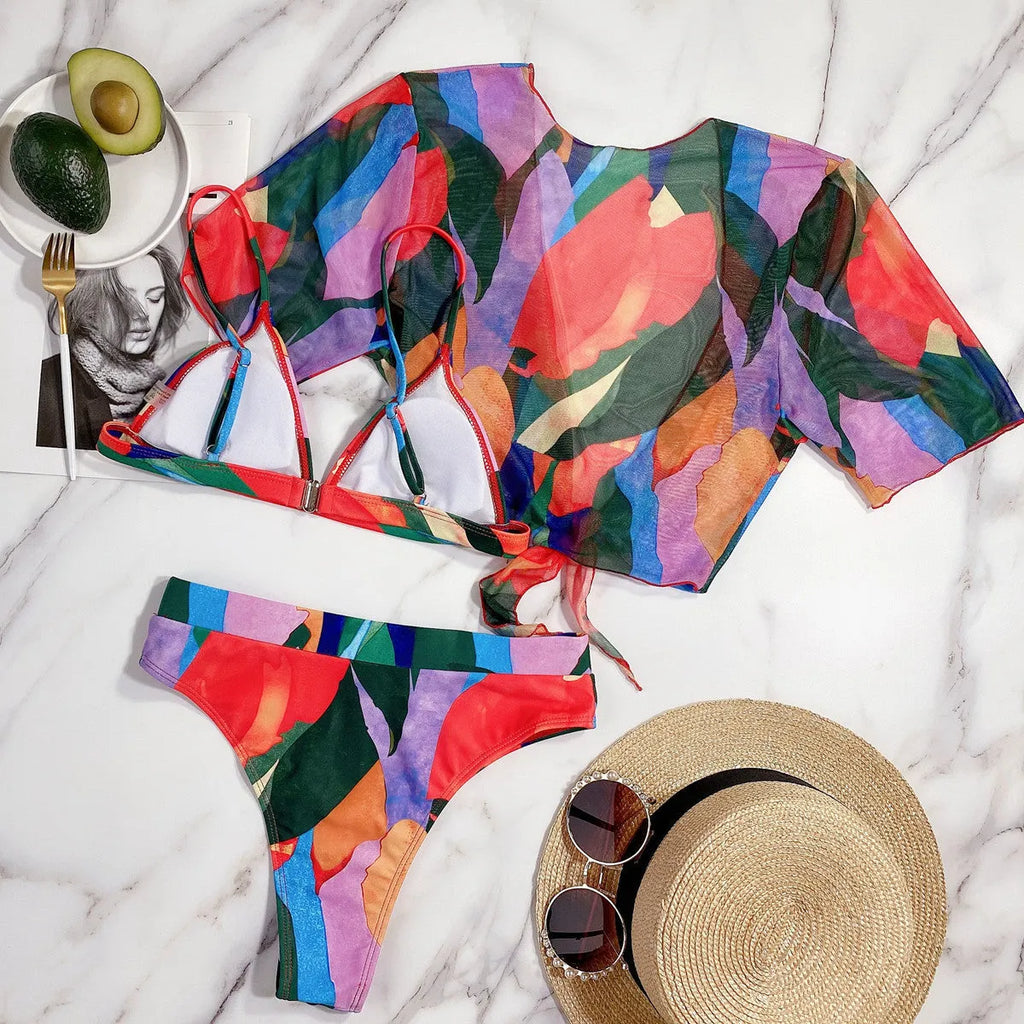 Red women's split swimsuit with printed pattern in nylon fabric for swimming sports