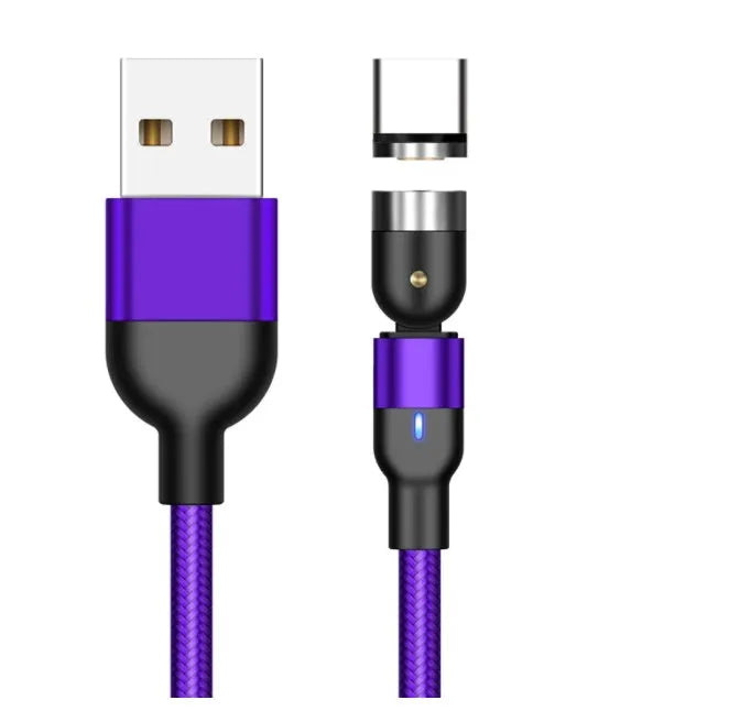 Essager black magnetic USB charging cable showing 360-degree rotating connector and blue LED light.