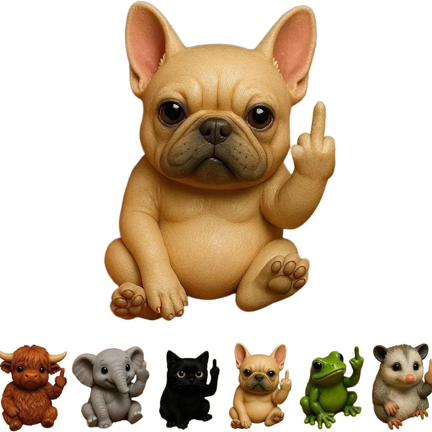 Mini resin animal doll making a middle finger gesture, available in cat, dog, elephant, frog, Highland cattle, mouse, and turtle styles.
