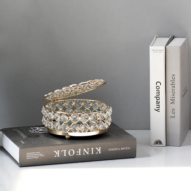 French gold European style jewelry box with transparent crystal glass and metal construction
