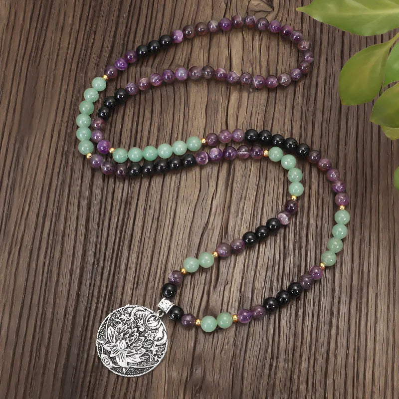 Handmade yoga lotus pendant necklace and bracelet set with stone beads and geometric alloy pendant
