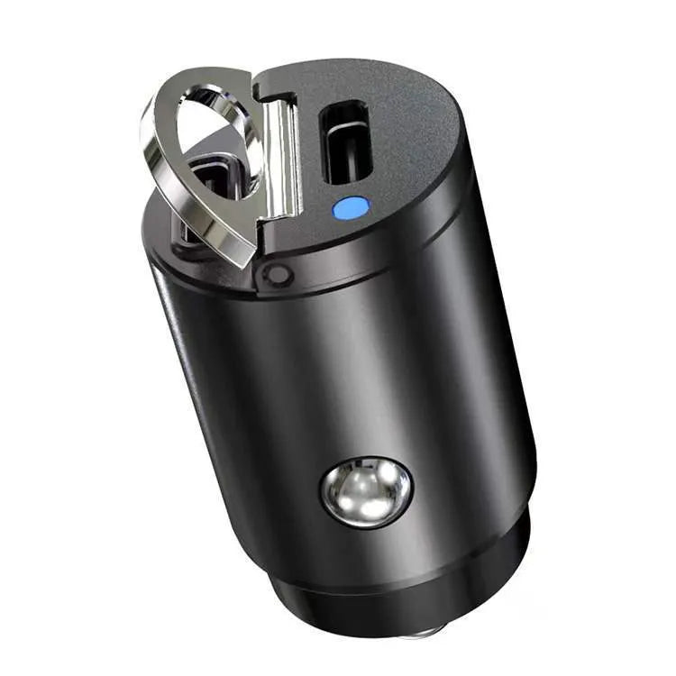 Mini 30W car cigarette lighter charger with zinc alloy body measuring 45mm by 20.7mm