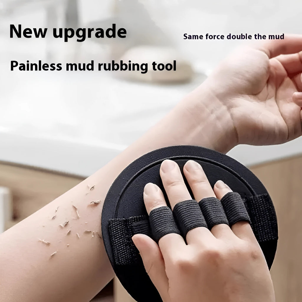Rubber finger style massage gadget in round cake colour with bath towel