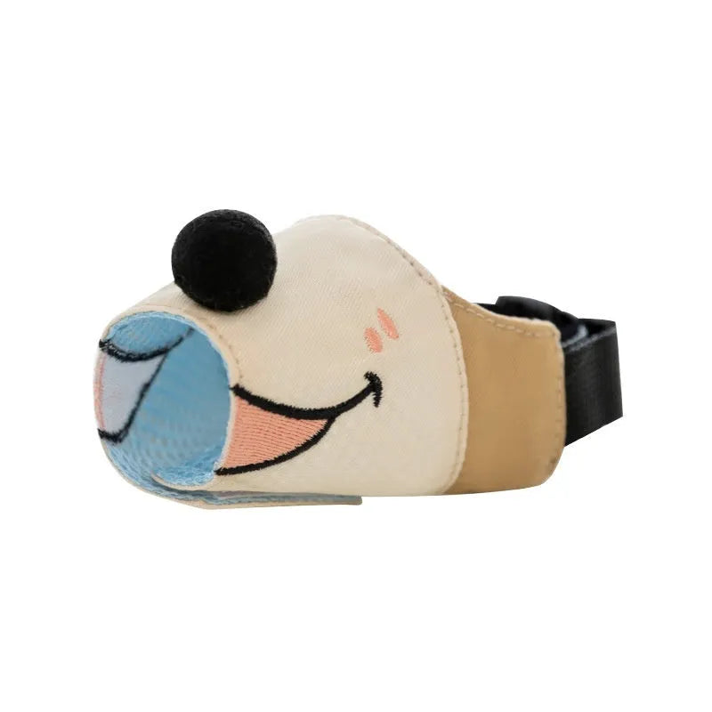 Canvas dog muzzle in Ollie Brown Bear or Bondi Blue Shark colour, shown in S, M, L, XL sizes for weight-based fitting.