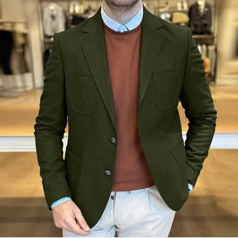 Men's loose retro cotton suit jacket in army green colour with two-tone buttons.