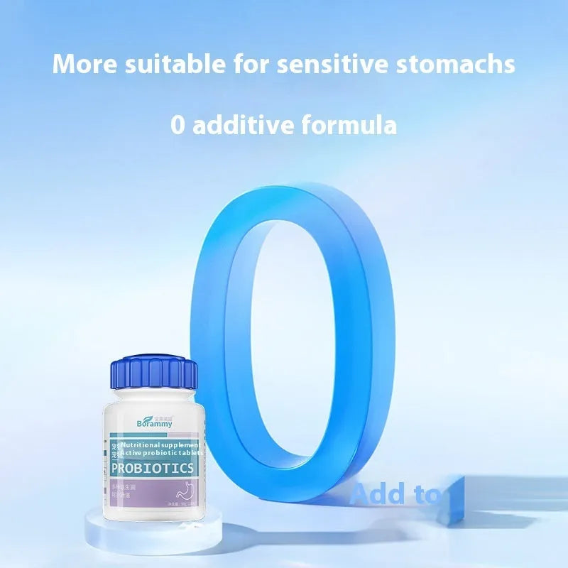 Bottle of 180 pet probiotic tablets with poultry flavouring for digestive health support