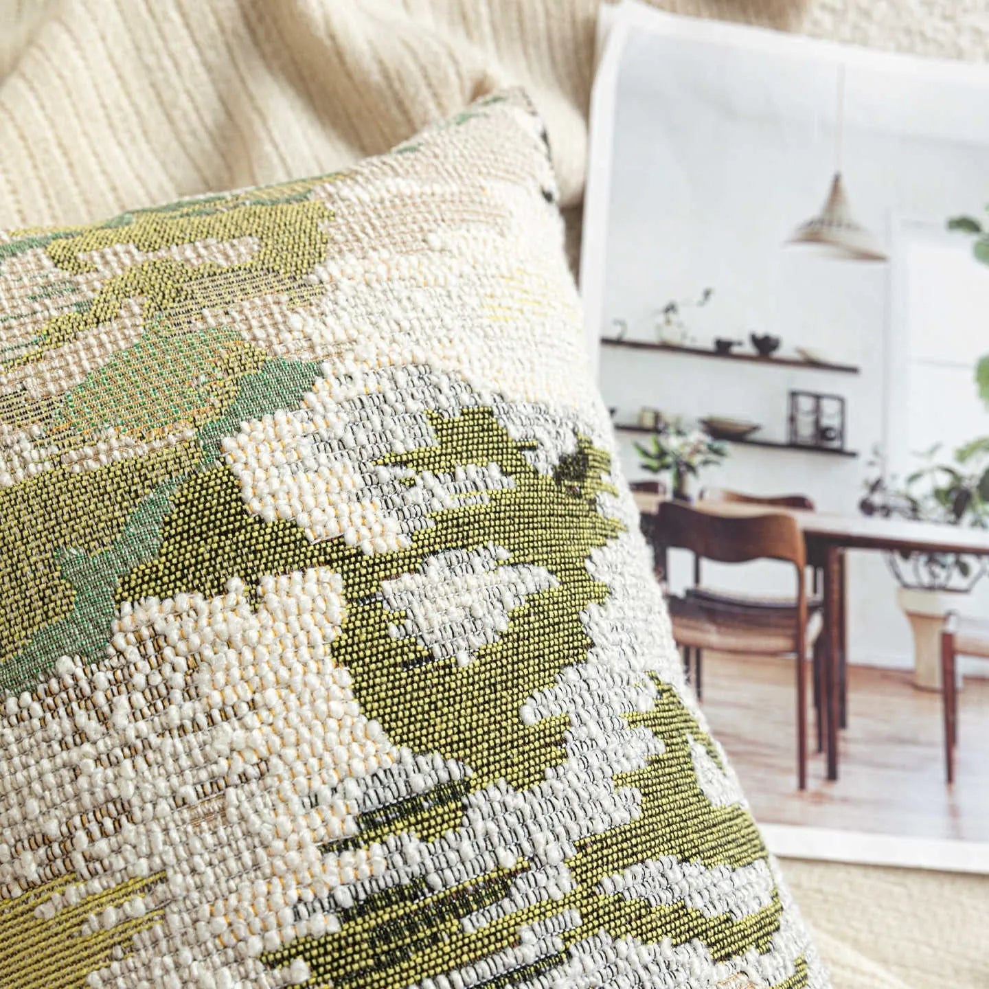 French style abstract pillow with spring flowers pattern in antique green colour