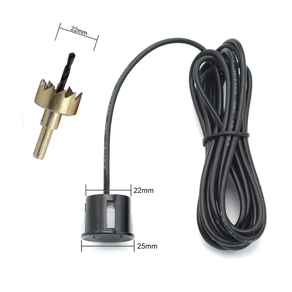 Black wireless reversing sensor kit for cars with digital display unit and four round probes