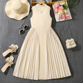 Girls' sleeveless formal dress with stand collar pleated stitching A-line skirt in Milky White cotton blend