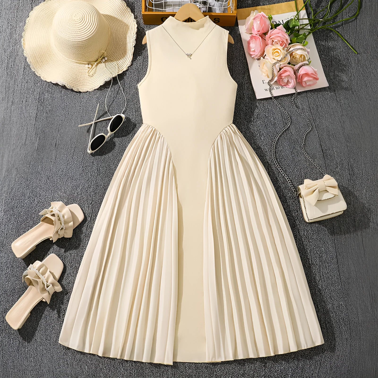 Girls' sleeveless formal dress with stand collar pleated stitching A-line skirt in Milky White cotton blend