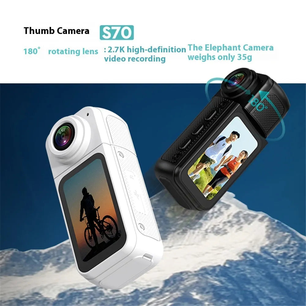 Riding S70 thumb camera in black with 180 degree rotating lens, compact ABS body