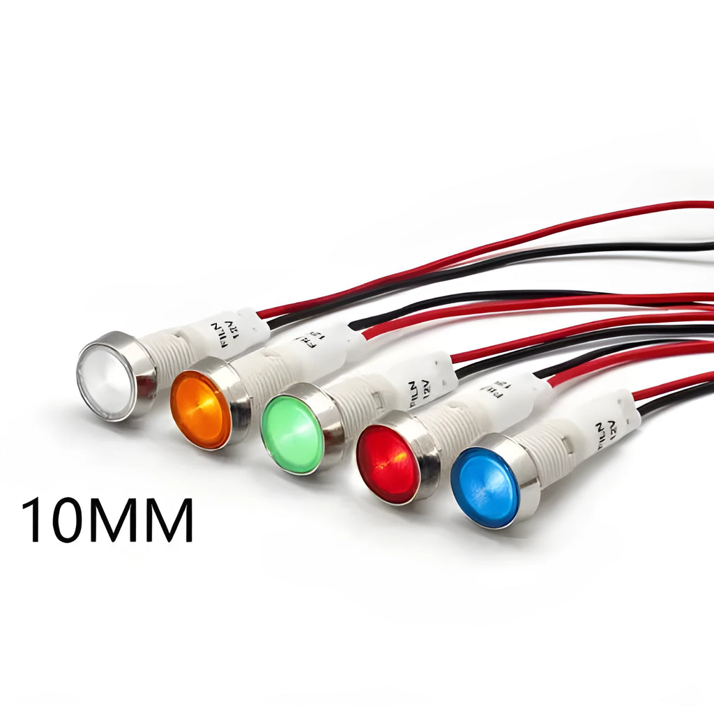 10mm stainless steel indicator light with flat end metal body and wire in various colours