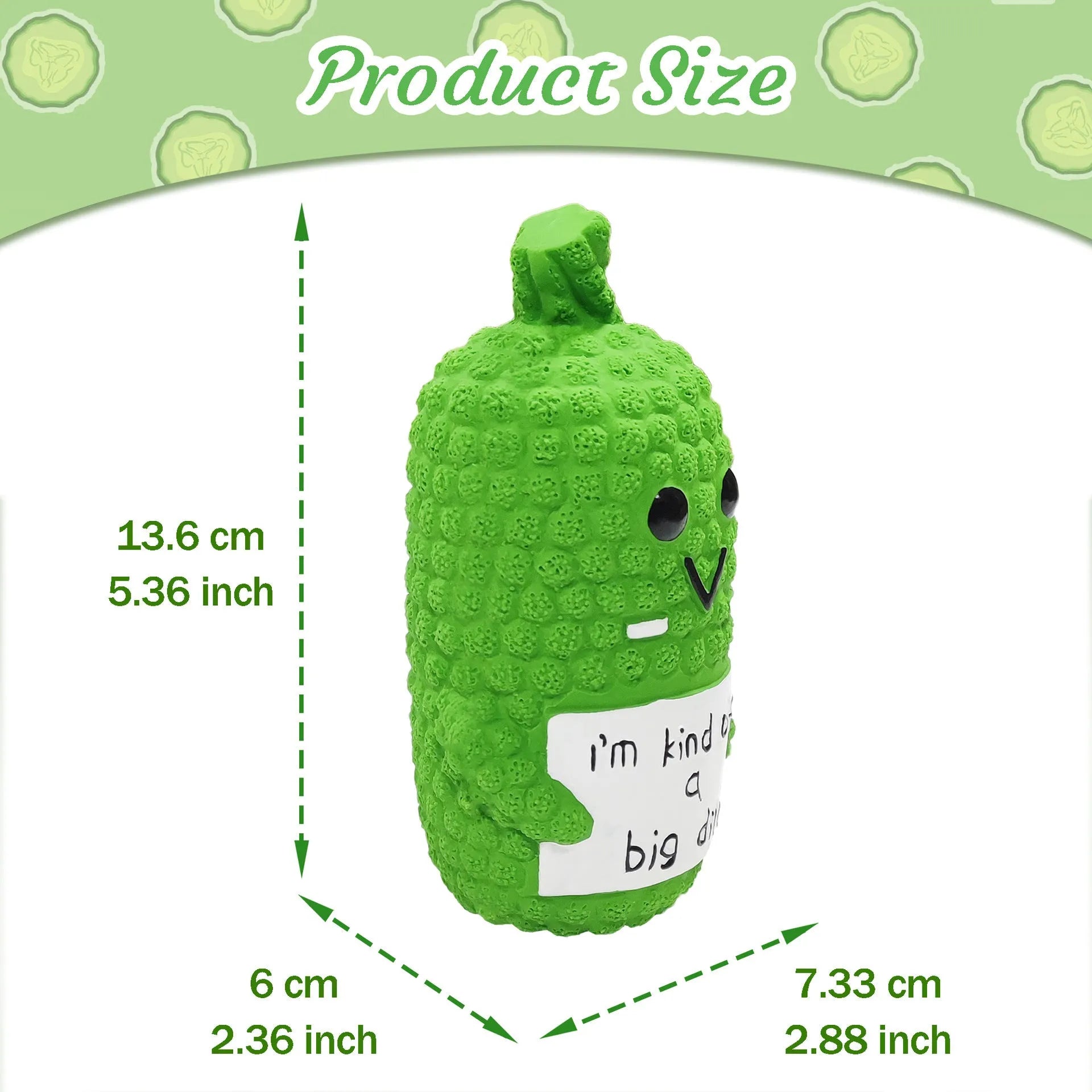 Green pickle-shaped latex dog chew toy with textured surface and squeaker.