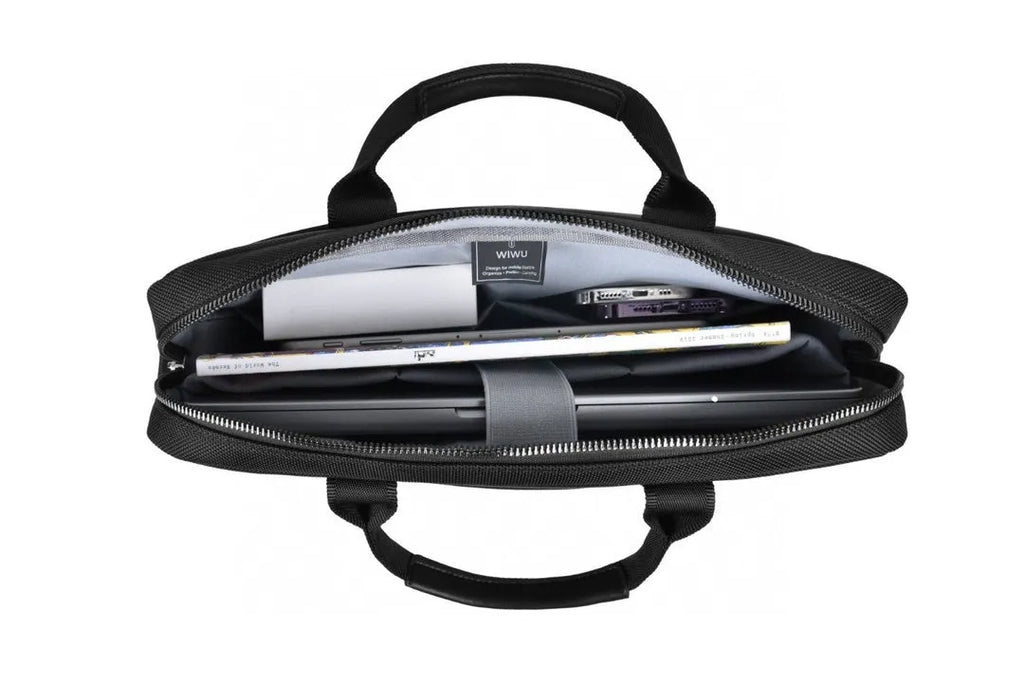 Black Oxford cloth laptop rucksack with multiple pockets and a lock, shown fitting a 15.6-inch laptop.