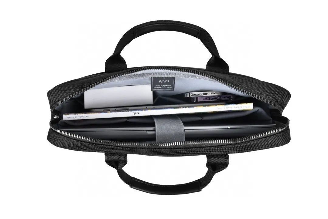 Black Oxford cloth laptop rucksack with multiple pockets and a lock, shown fitting a 15.6-inch laptop.