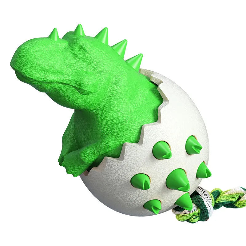 Blue durable rubber dog chew toy with dino design, rope, and textured surface for aggressive chewers.