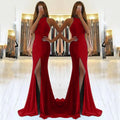 Long red knitted evening dress with high waist, swing skirt, hollow details and zipper.