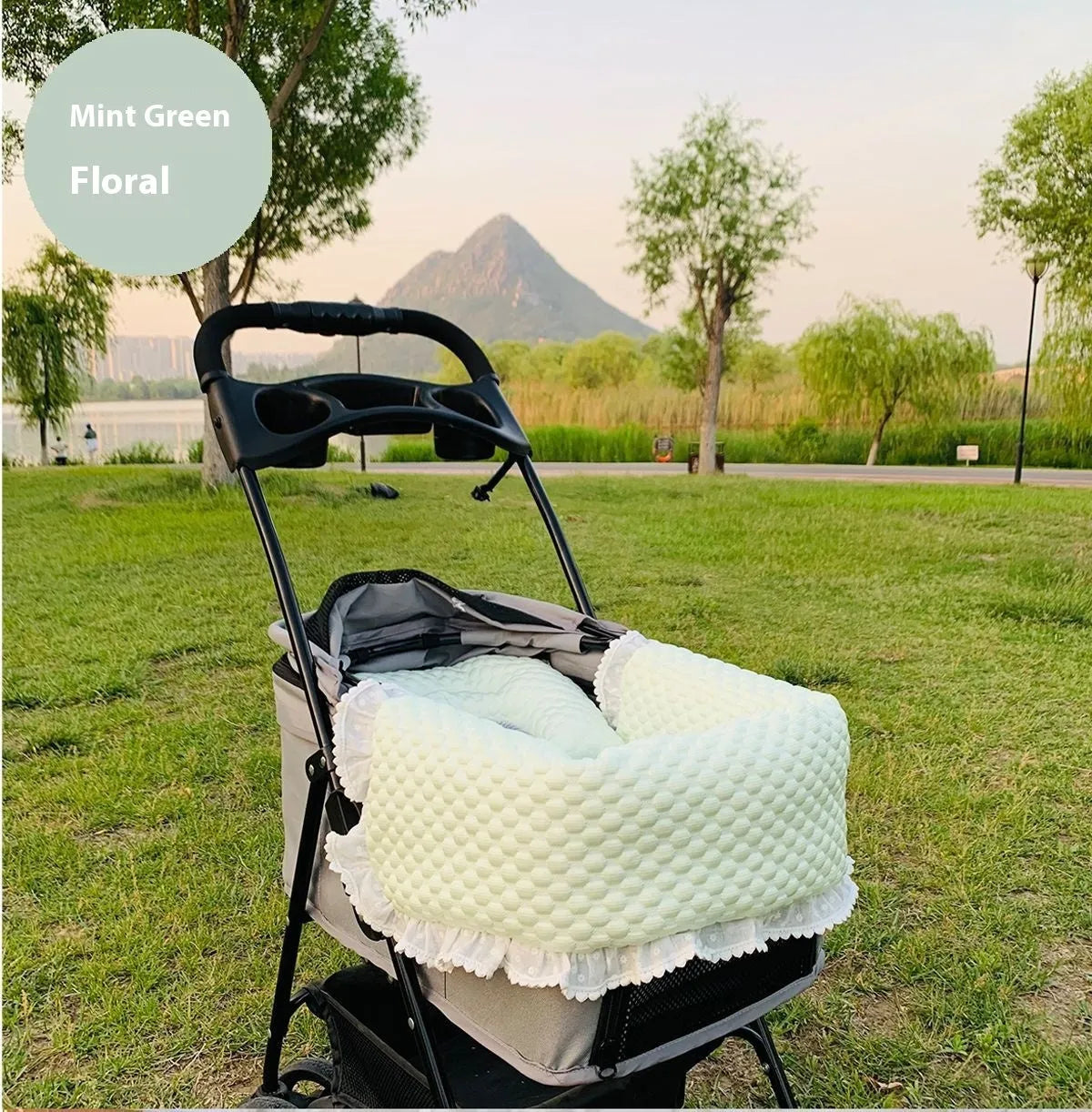 Pet stroller accessory set showing cotton anti-dirty towel, cushion, and pillow in a floral pattern.