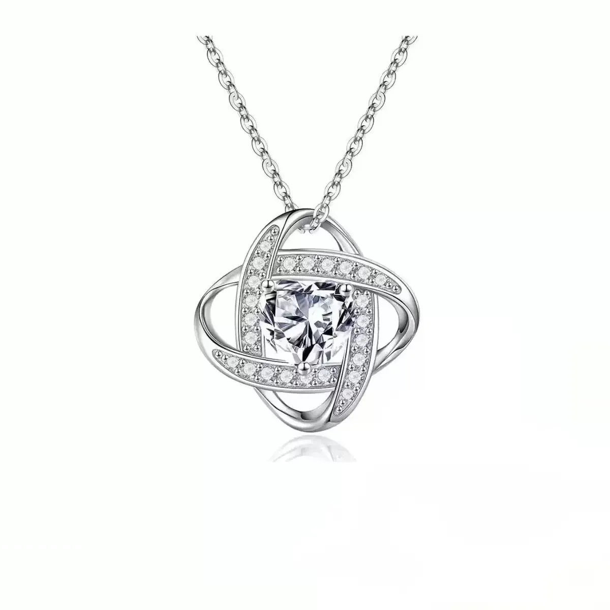 Close-up of a heart-shaped ladies necklace in electroplated copper, showing one of the platinum-toned colour options.