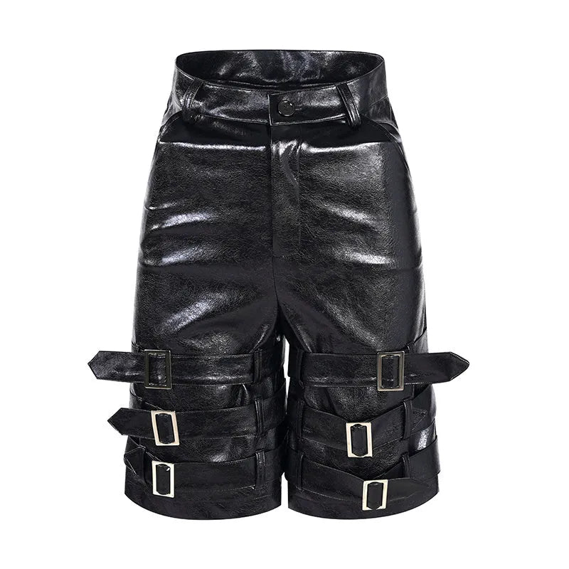 Men's black PU leather ring casual shorts made from stretch spandex fabric.