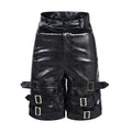 Men's black PU leather ring casual shorts made from stretch spandex fabric.