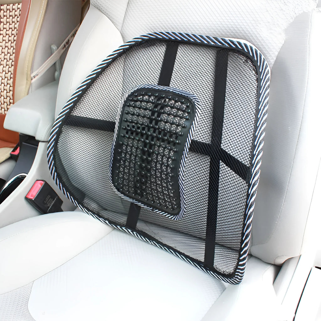 Black leather-pattern car lumbar support pillow showing adjustable steel wire frame construction