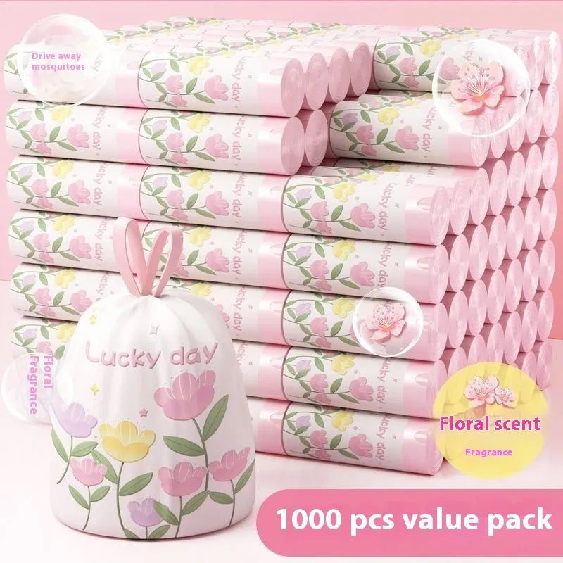 Pink drawstring garbage bags with natural argy wormwood mosquito repellent, sold in bulk packs.