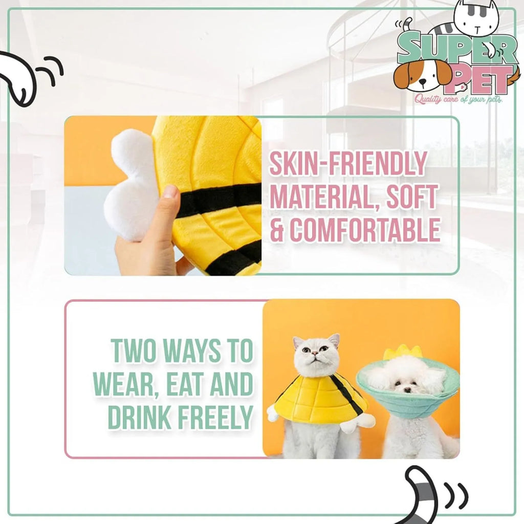 Soft cat cone collar with bee design showing adjustable velcro closure in pet recovery setting