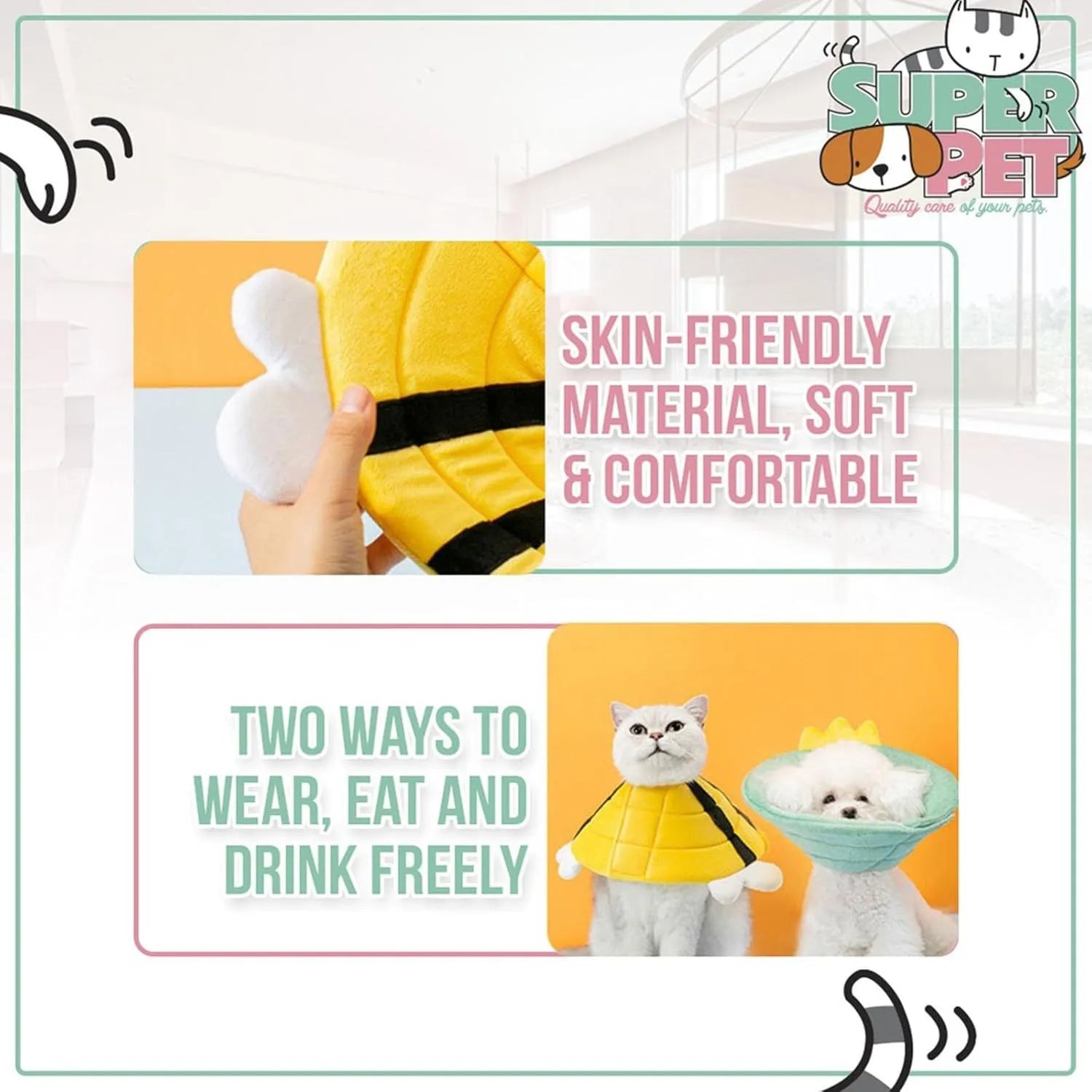 Soft cat cone collar with bee design showing adjustable velcro closure in pet recovery setting